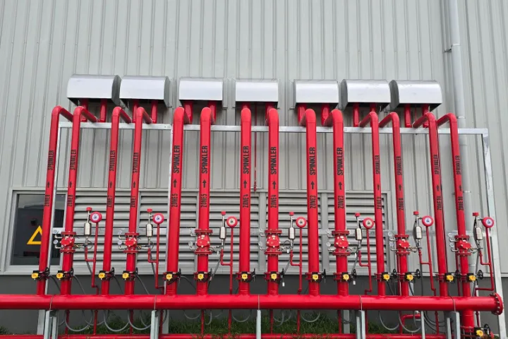 Fire-protection sprinkler risers and control valves on an industrial building